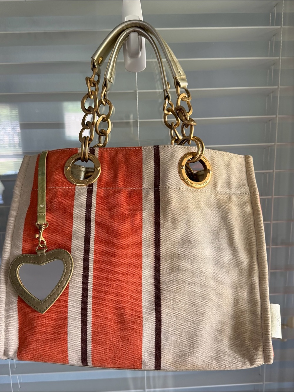 Juicy Couture Vintage Striped Canvas Tote Handbag Orange Pink Gold Chain Mirror